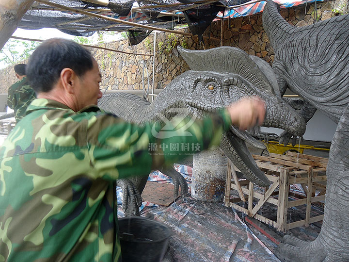 水泥雙冠龍雕塑，水泥恐龍雕塑